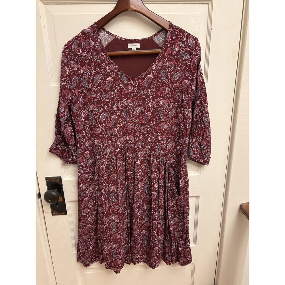 Garnet Hill Shirt Dress Women 10 Paisley Burgundy 3/4 Sleeve Pocket Viscose $159